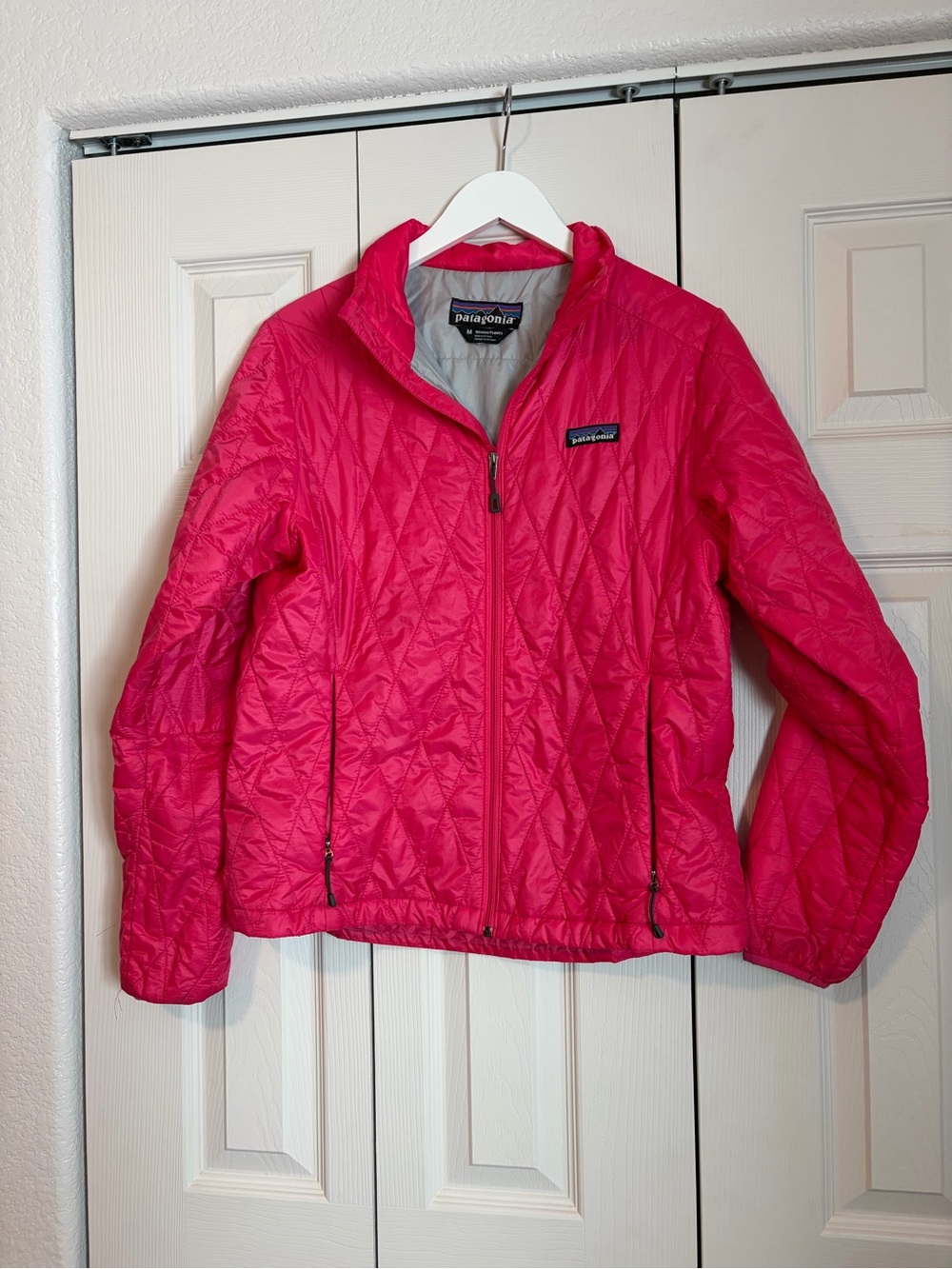 Patagonia Nano Puff Quilted Jacket Pink Full Zip Pockets Spring Hiking Sz Medium